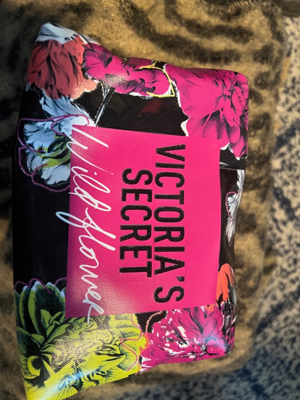 Victoria's Secret Black Floral Cosmetic Pouch with Hot Pink Logo Panel